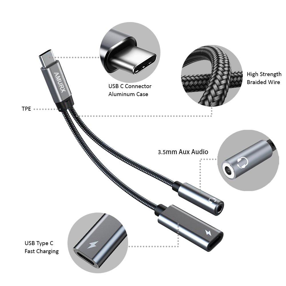 Amurx 2 - in - 1 USB - C to 3.5mm Headphone & Charger Adapter – Type - C to AUX with 60W PD Fast Charging, Compatible with Samsung Galaxy S24/S23/S22 & Google Pixel 7/6 by Amurx | Electronics > Electronics Accessories > Adapters | Amurx