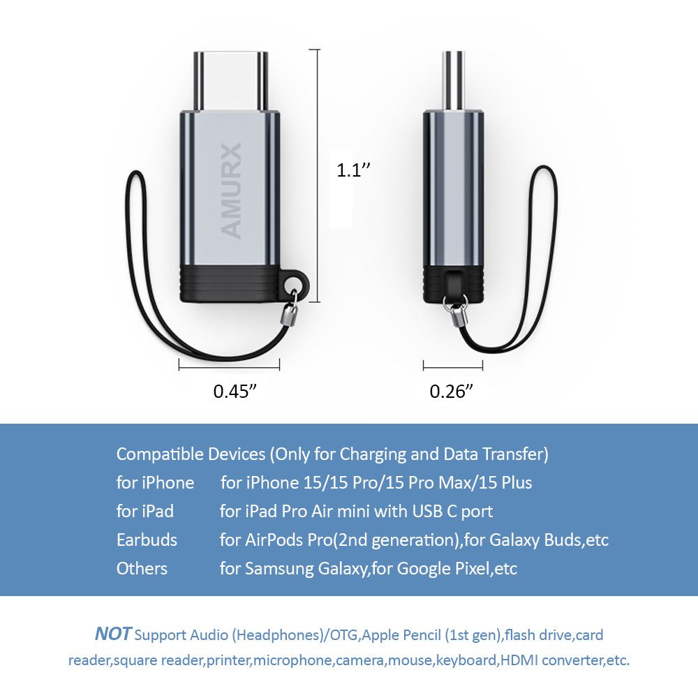 Amurx Lightning Female to USB - C Male Adapter 2 - Pack – Charging & Data Transfer Connector for iPhone 15 Series, iPad Air & Samsung Devices (Not for Audio/OTG) by Amurx | Electronics > Electronics Accessories > Adapters | Amurx