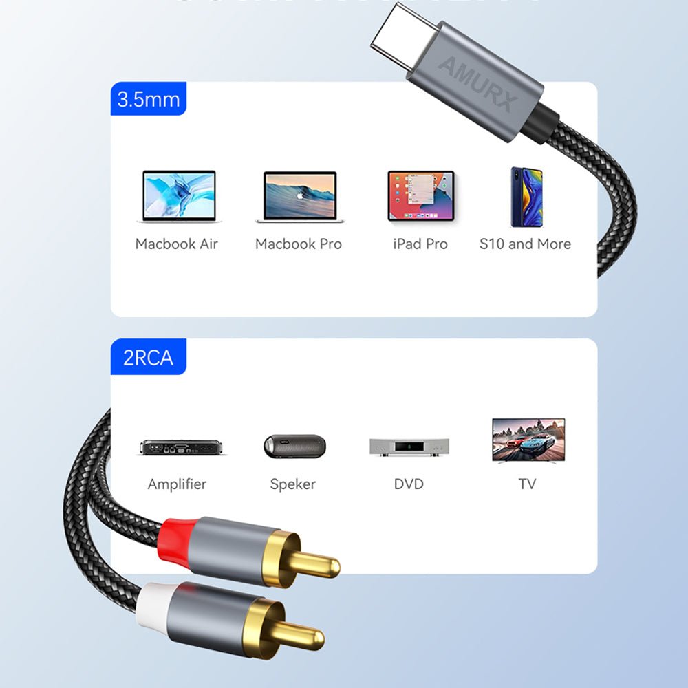 Amurx USB - C to 2RCA Audio Cable – Type - C to Stereo RCA Jack Adapter for Speakers, Amplifiers, Home Theater & Car Audio Systems by Amurx | Electronics > Electronics Accessories > Cables | Amurx