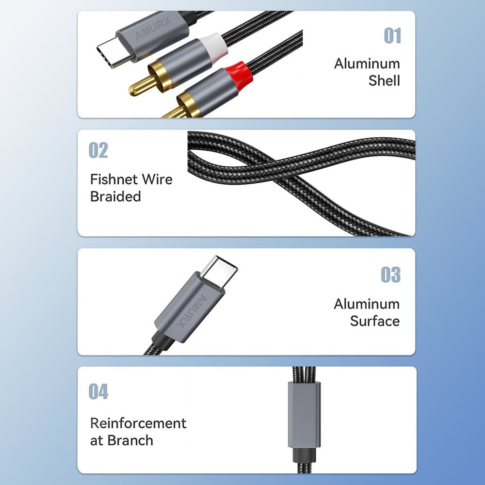 Amurx USB - C to 2RCA Audio Cable – Type - C to Stereo RCA Jack Adapter for Speakers, Amplifiers, Home Theater & Car Audio Systems by Amurx | Electronics > Electronics Accessories > Cables | Amurx
