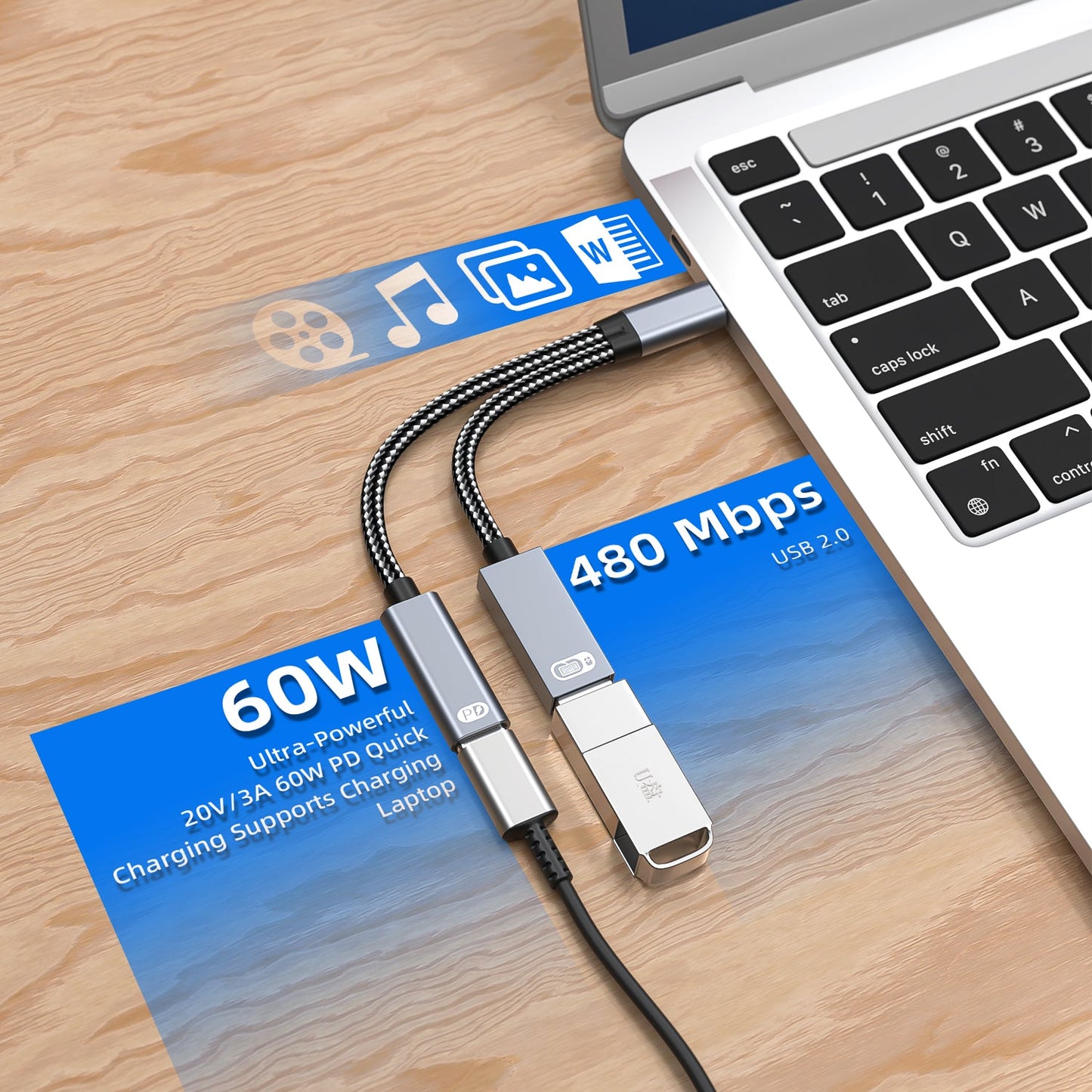 Amurx USB - C to USB Adapter – 2 - in - 1 USB - C Splitter with 60W PD Fast Charging & USB - A Port, OTG Compatible with iPhone 15, iPad Pro, Samsung S23/S22, Chromecast by Amurx | Electronics > Electronics Accessories > Adapters | Amurx