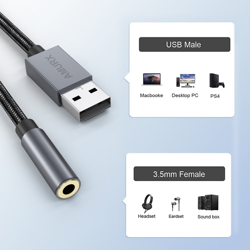 Amurx USB to 3.5mm Audio Adapter – 2 - in - 1 USB External Sound Card with DAC, TRRS Jack Support for Headphones, PC, Laptop, MacBook, PS5 & PS4 by Amurx | Electronics > Electronics Accessories > Audio & Video Accessories > Audio Adapters | Amurx