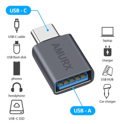 Amurx USB to USB - C Adapter – 2 - in - 1 USB - C Male to USB 3.2 Female + USB - C Female to USB - A Male, 10Gbps Thunderbolt Compatible with iPhone 16/15, MacBook, iPad, Samsung Galaxy by Amurx | Electronics > Electronics Accessories > Adapters | Amurx