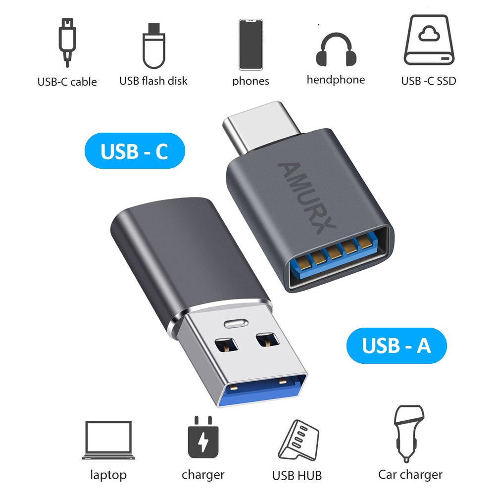 Amurx USB to USB - C Adapter – 2 - in - 1 USB - C Male to USB 3.2 Female + USB - C Female to USB - A Male, 10Gbps Thunderbolt Compatible with iPhone 16/15, MacBook, iPad, Samsung Galaxy by Amurx | Electronics > Electronics Accessories > Adapters | Amurx