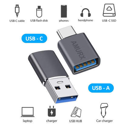 Amurx USB to USB - C Adapter – 2 - in - 1 USB - C Male to USB 3.2 Female + USB - C Female to USB - A Male, 10Gbps Thunderbolt Compatible with iPhone 16/15, MacBook, iPad, Samsung Galaxy by Amurx | Electronics > Electronics Accessories > Adapters | Amurx